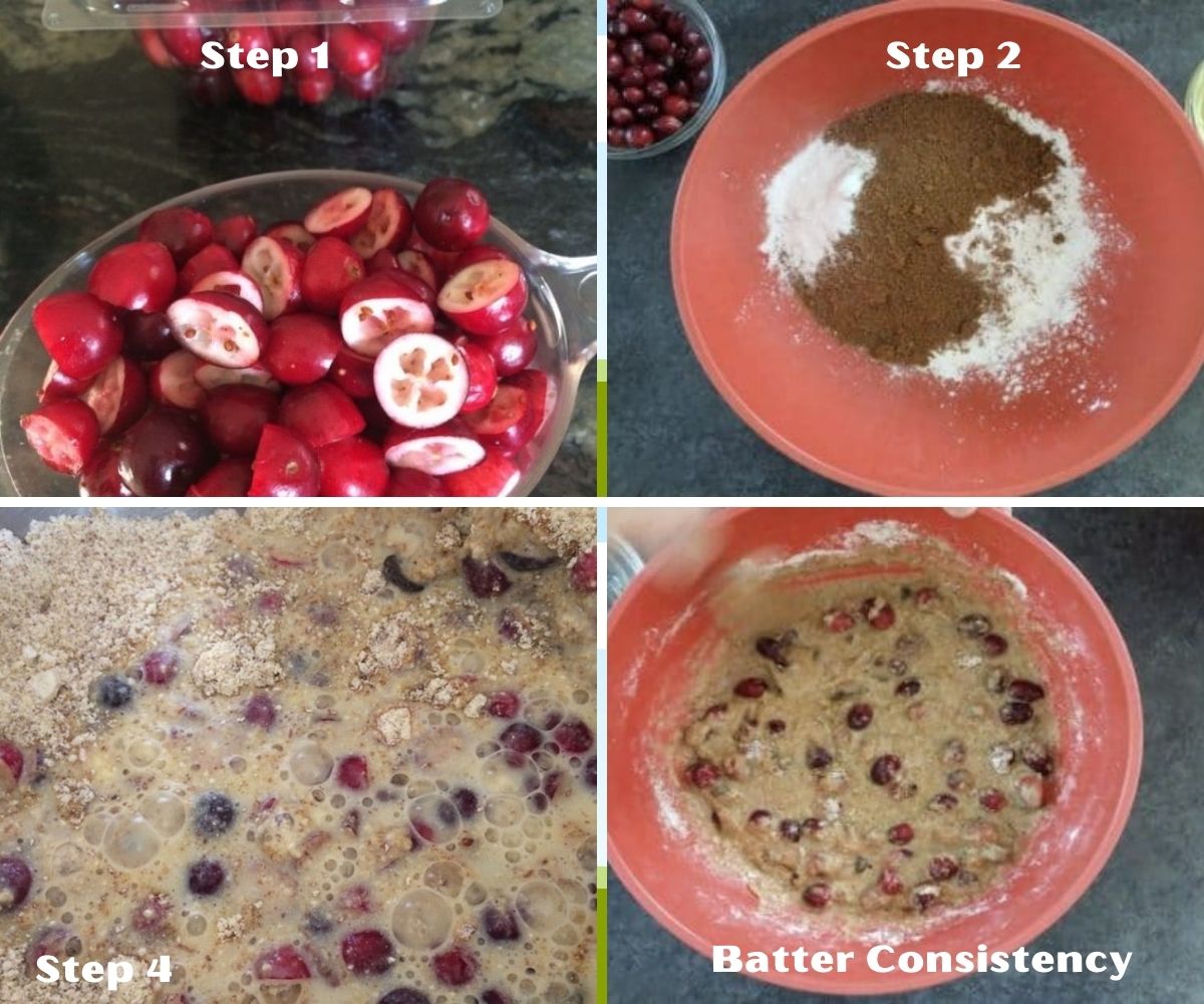 A collage photo of the process steps in making this cranberry bread.