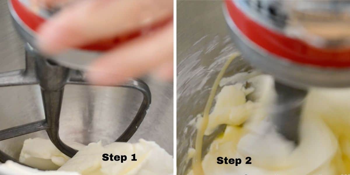 Photos of steps 1 and 2 mixing the base cheesecake.