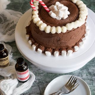 The top view of the decorated chocolate mint cake on a table.