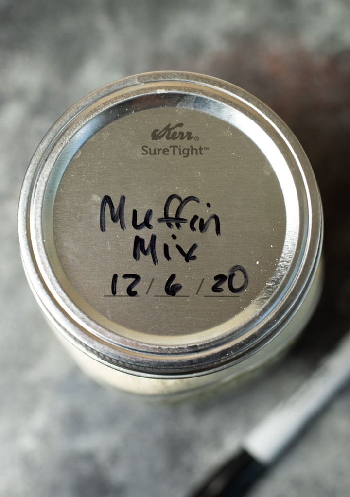 The muffin mix labeled jar lid.