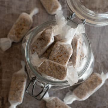 the top view of a jar of wrapped sesame candy