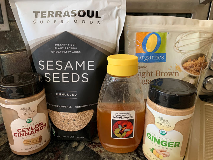 The sesame candy ingredients on the counter.