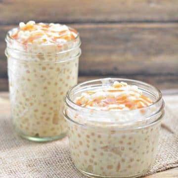 Two jars filled with tapioca pudding.