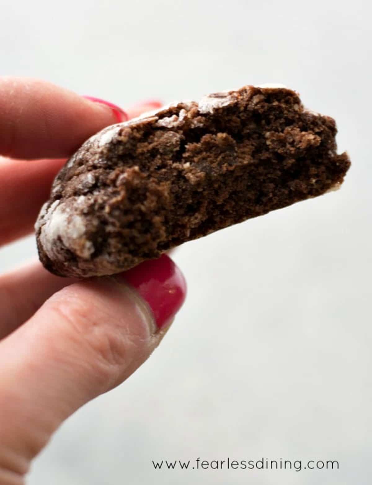 Fingers holding a chocolate gluten-free cookie with a bite missing.