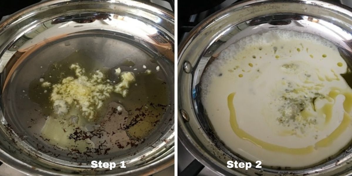 Photos of steps one and two making alfredo sauce.