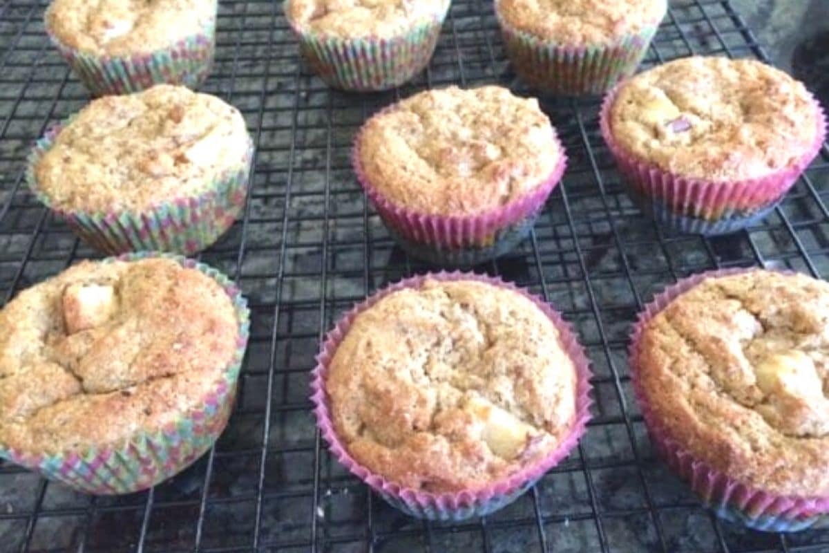 The baked muffins cooling on a rack.