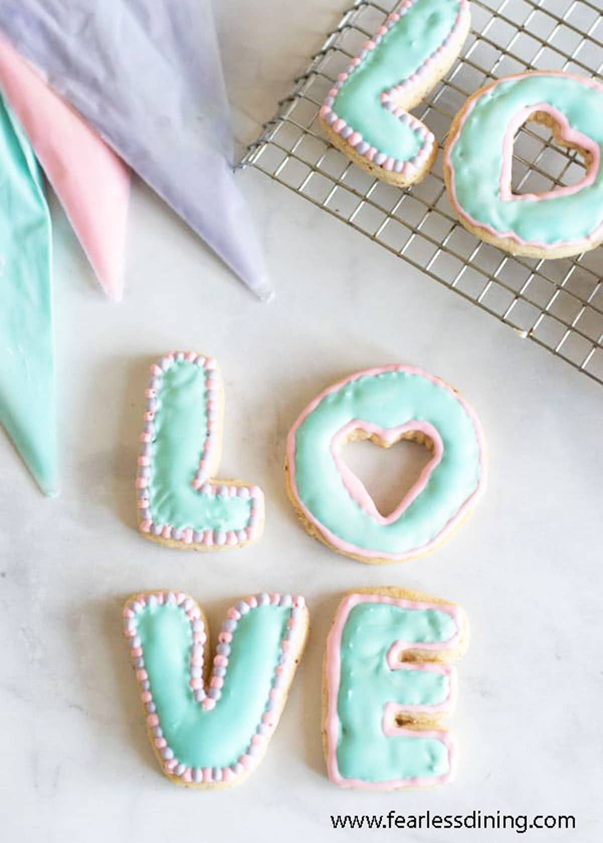 gluten free cut out cookies in letter shapes LOVE decorated 