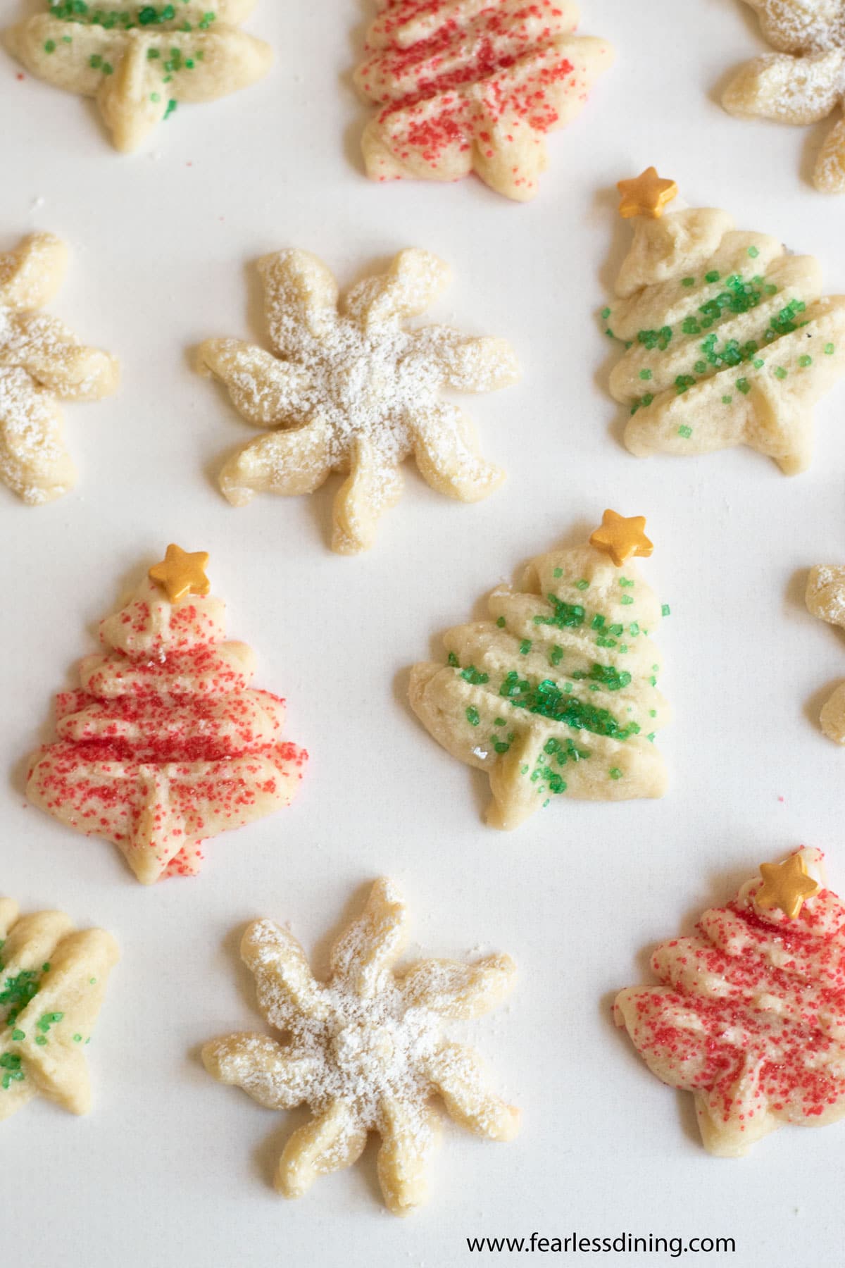 Christmas spritz cookies on a tray.