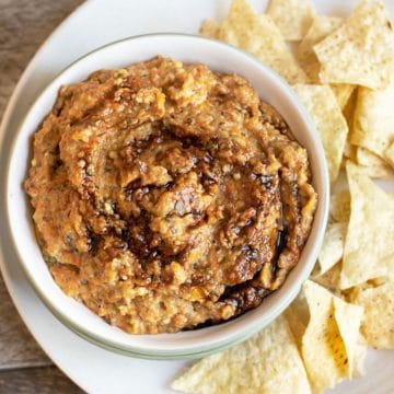 The top view looking down into a bowl of eggplant dip.