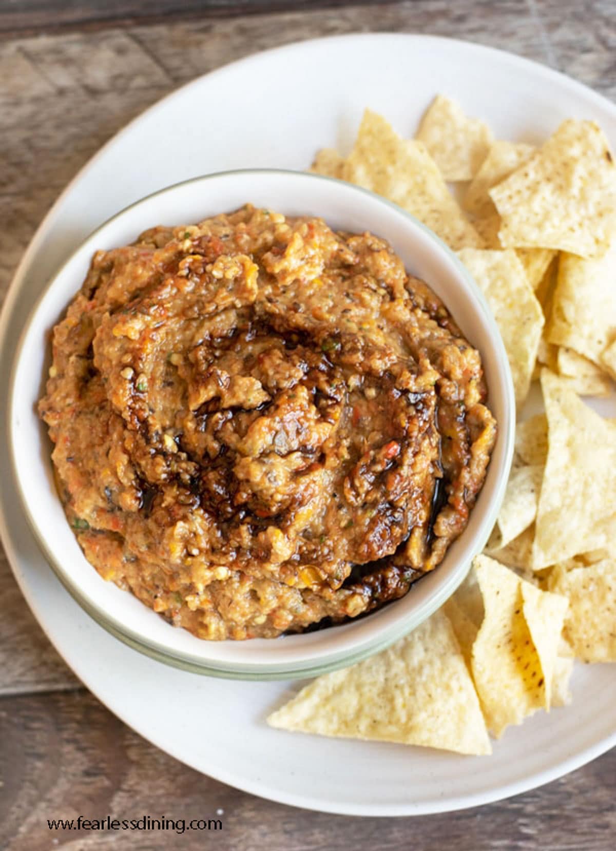 The top view looking down into a bowl of eggplant dip.