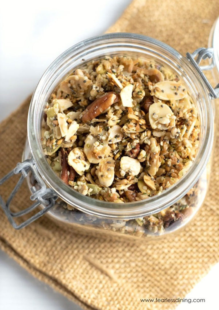 The top of a jar full of homemade granola without oats.