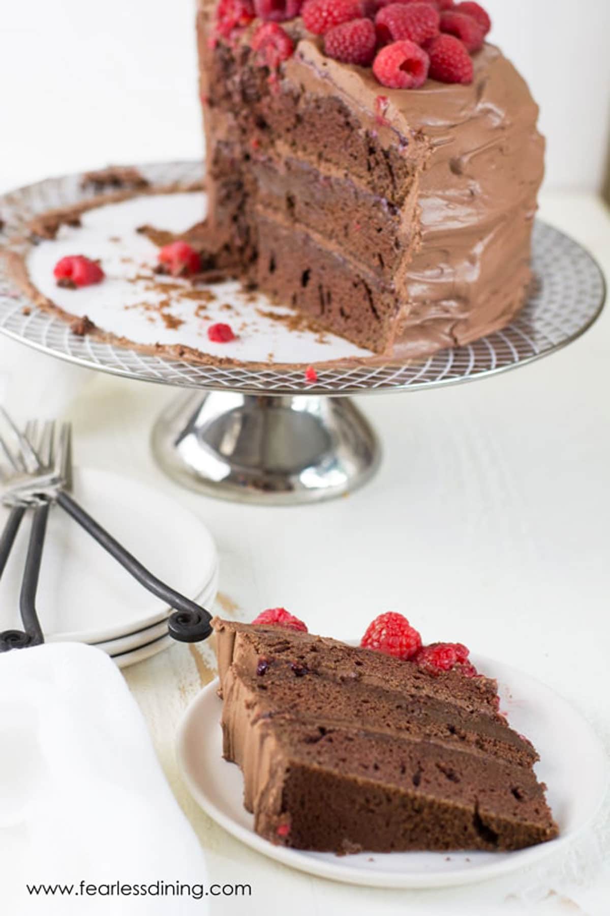 A slice of chocolate raspberry cake on a white plate.