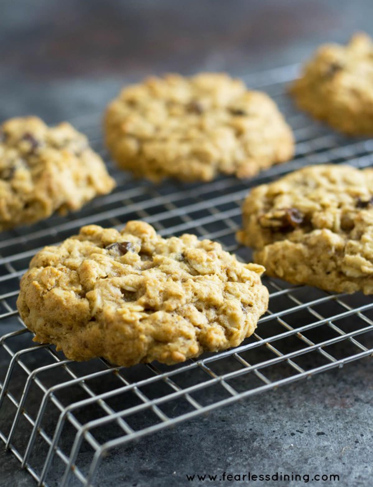 Oatmeal raisin cookies on a rack.