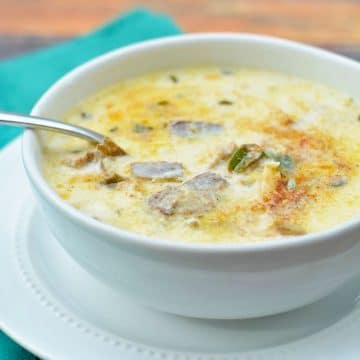 the side view of a big white bowl of chowder