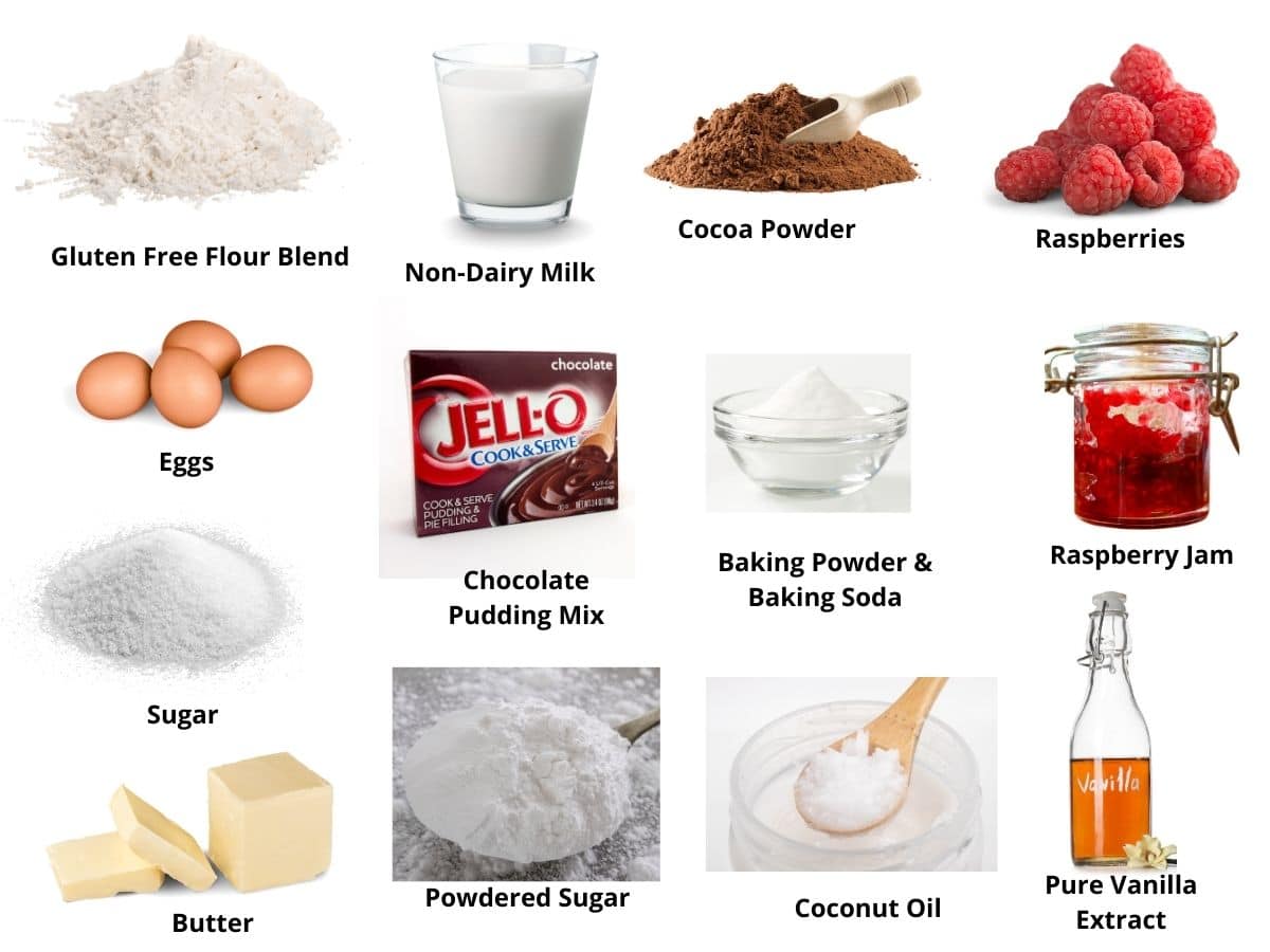 Photos of the chocolate raspberry cake ingredients.