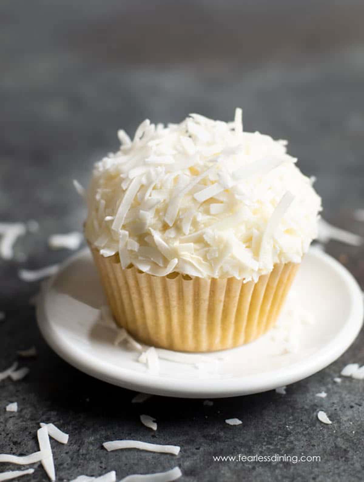 A single coconut cupcake on a small white plate.