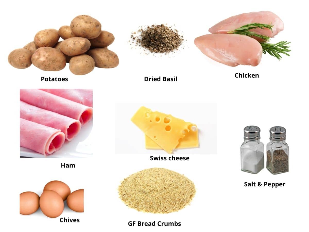 Photos of the gluten free chicken cordon bleu ingredients.