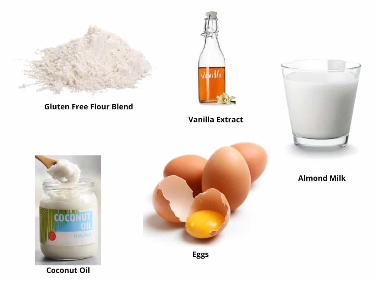 Photos of the gluten free dairy free ingredients used to make crepes.