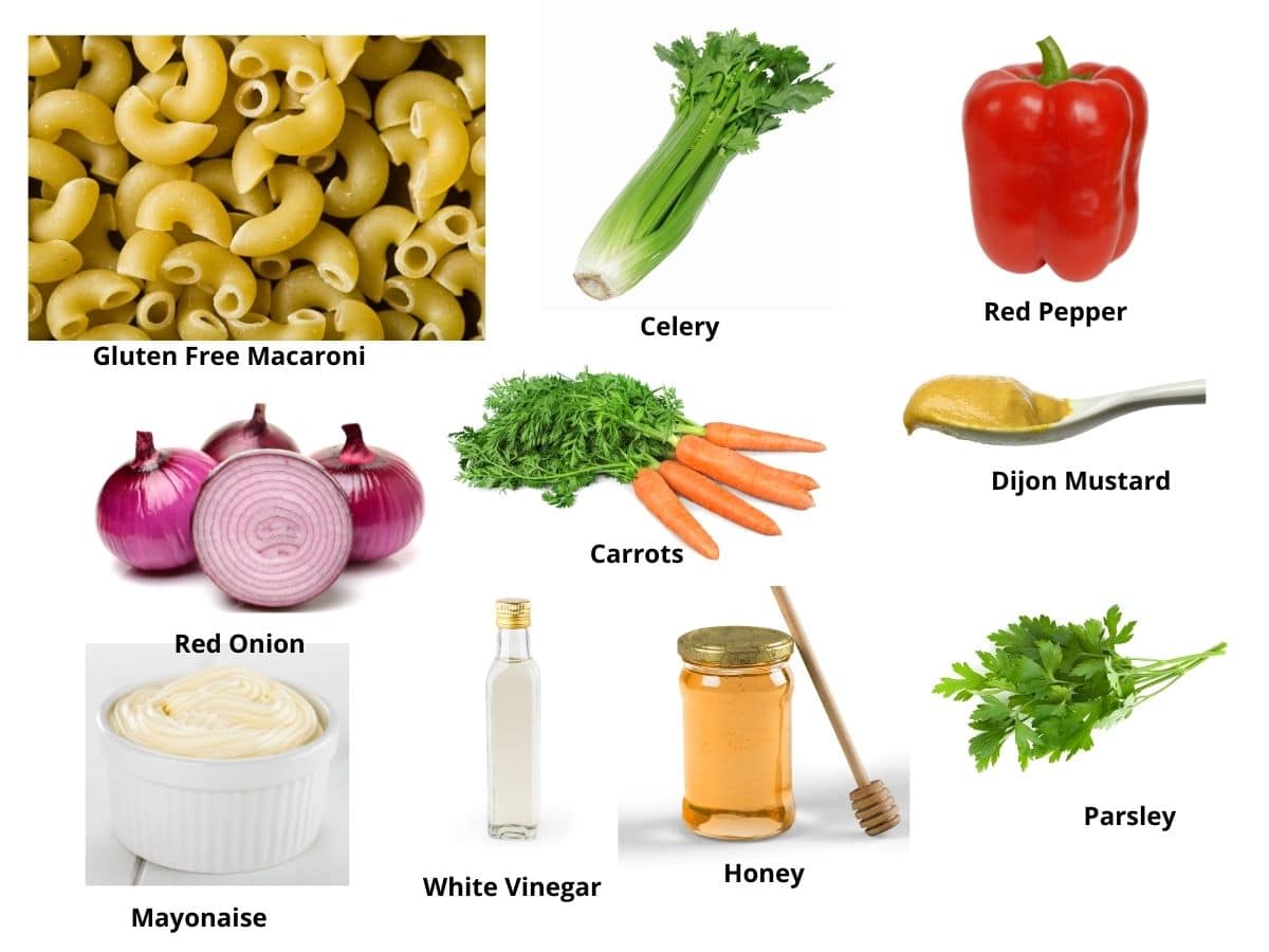 Photos of the macaroni salad ingredients.