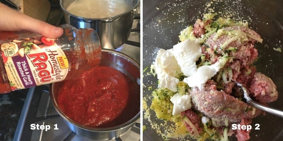 Photos of getting the sauce heated and mixing the meatball ingredients.