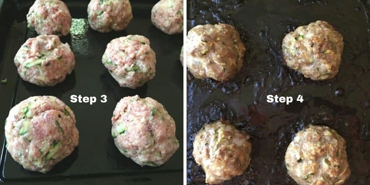 Photos of the meatballs before and after being baked.