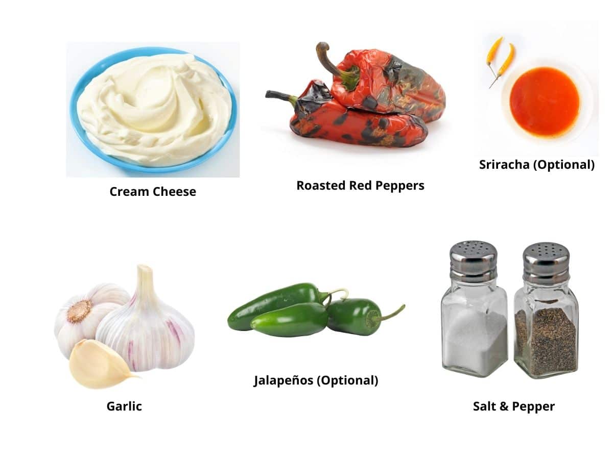 Photos of the red pepper cream cheese ingredients.