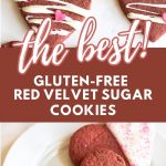 a pinterest collage of red velvet heart cookies photos