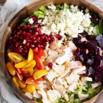 The top view of a chopped salad before it is mixed.