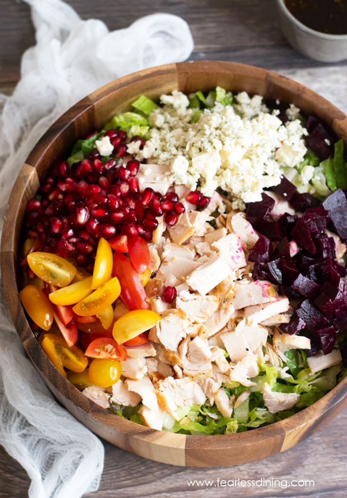 The top view of a chopped salad before it is mixed.