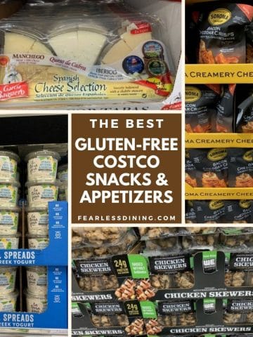 four photos of costco snacks on shelves
