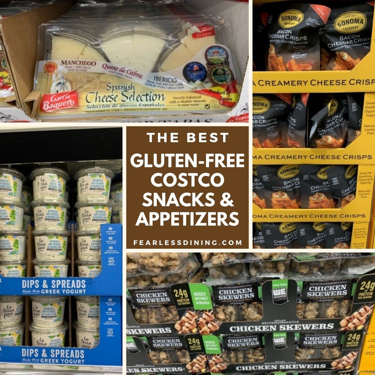 Four photos of costco snacks on shelves.