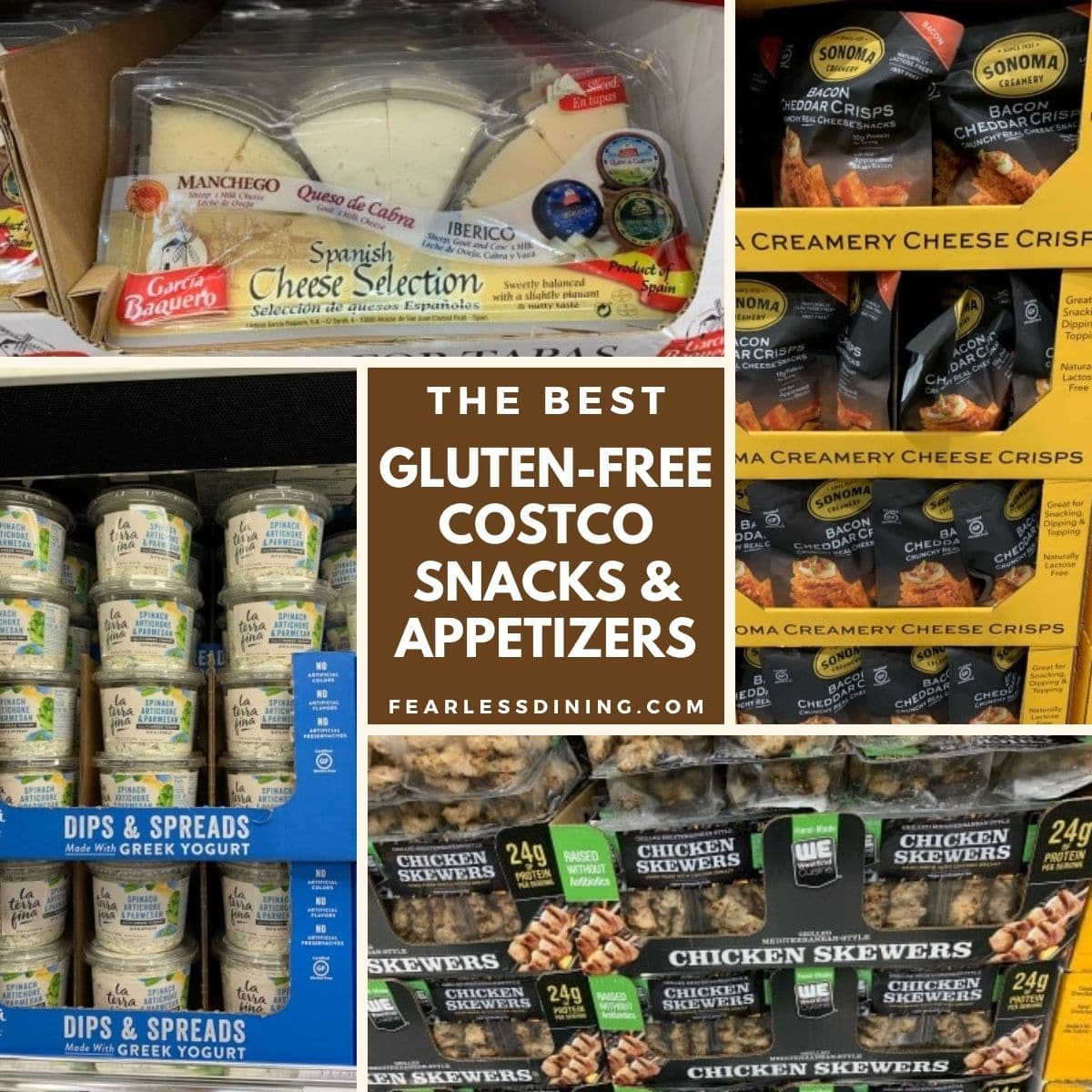 four photos of costco snacks on shelves