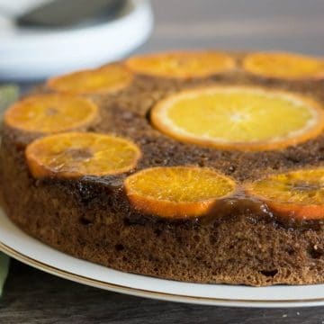 A close up of the caramelized oranges on the upside down cake.