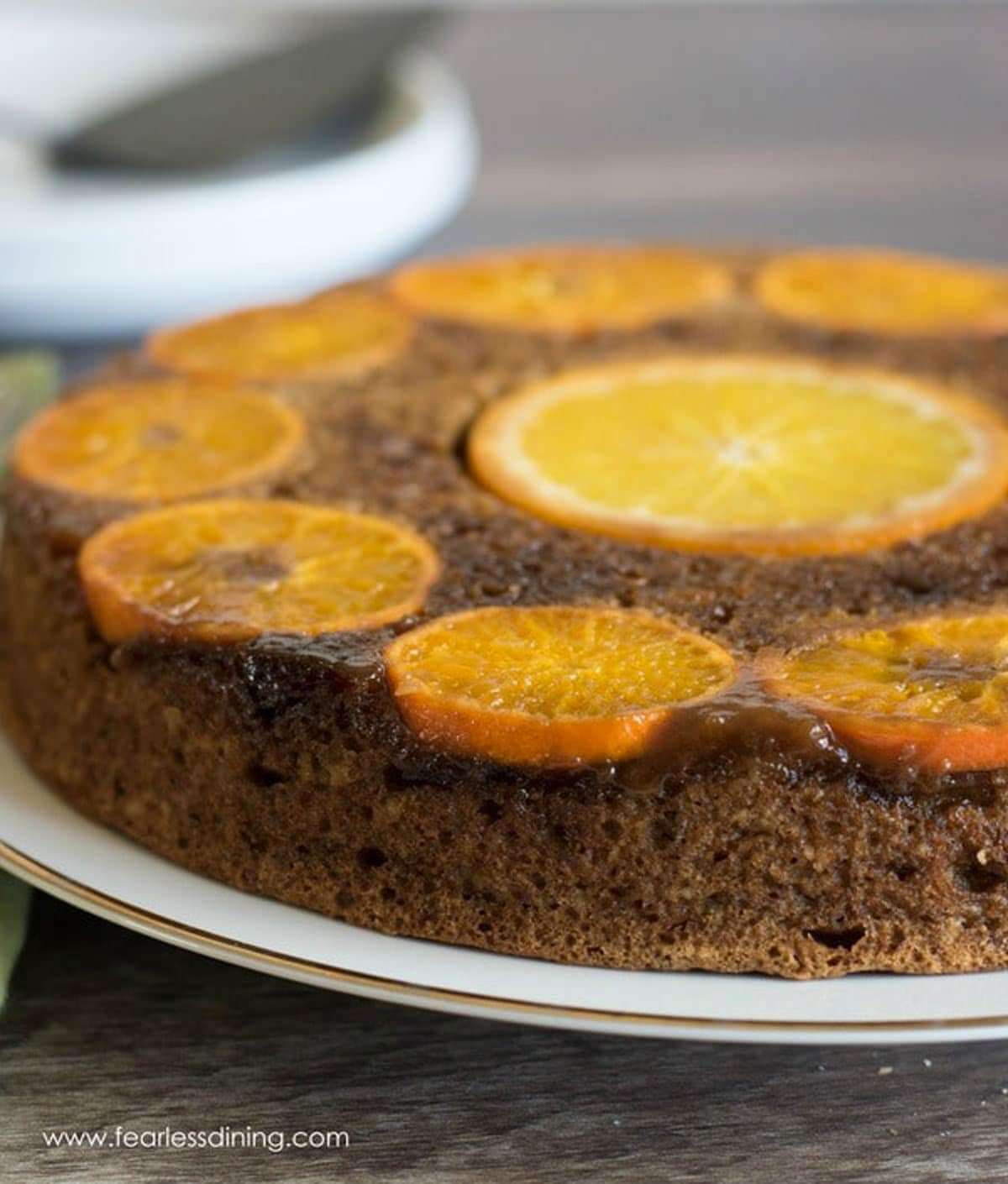 A close up of the caramelized oranges on the upside down cake.