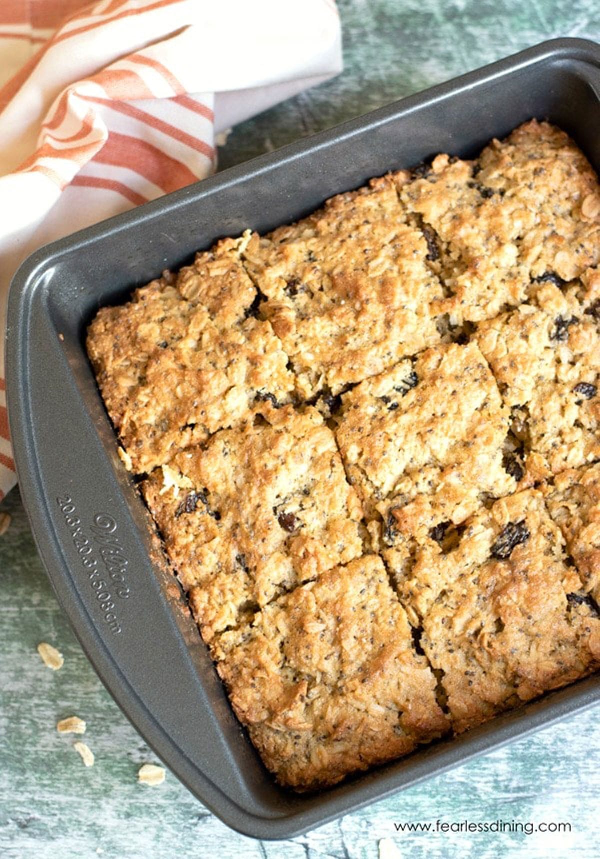 An 8x8 pan of baked oatmeal breakfast bars.