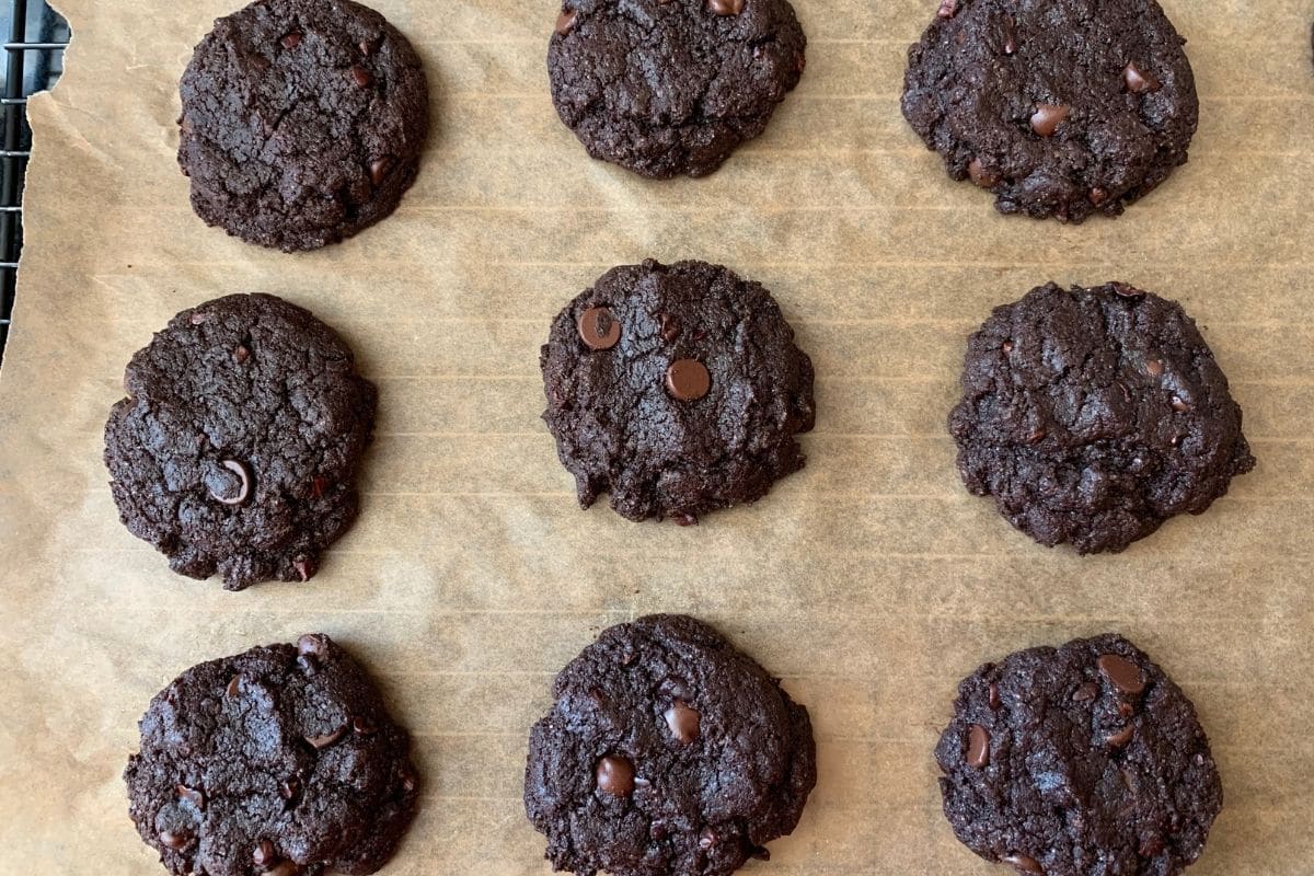 The baked chocolate espresso cookies on the cookie sheet.