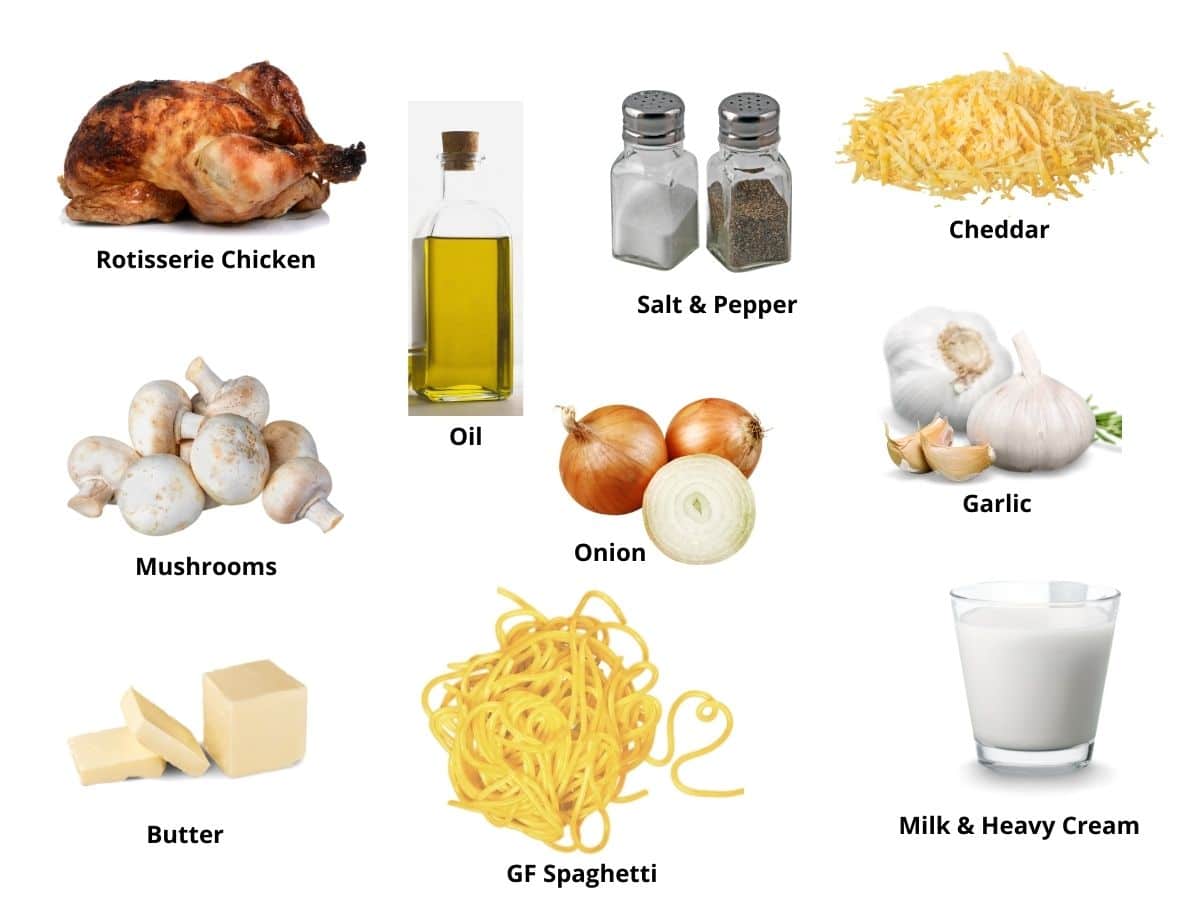 Photos of the chicken tetrazzini ingredients.