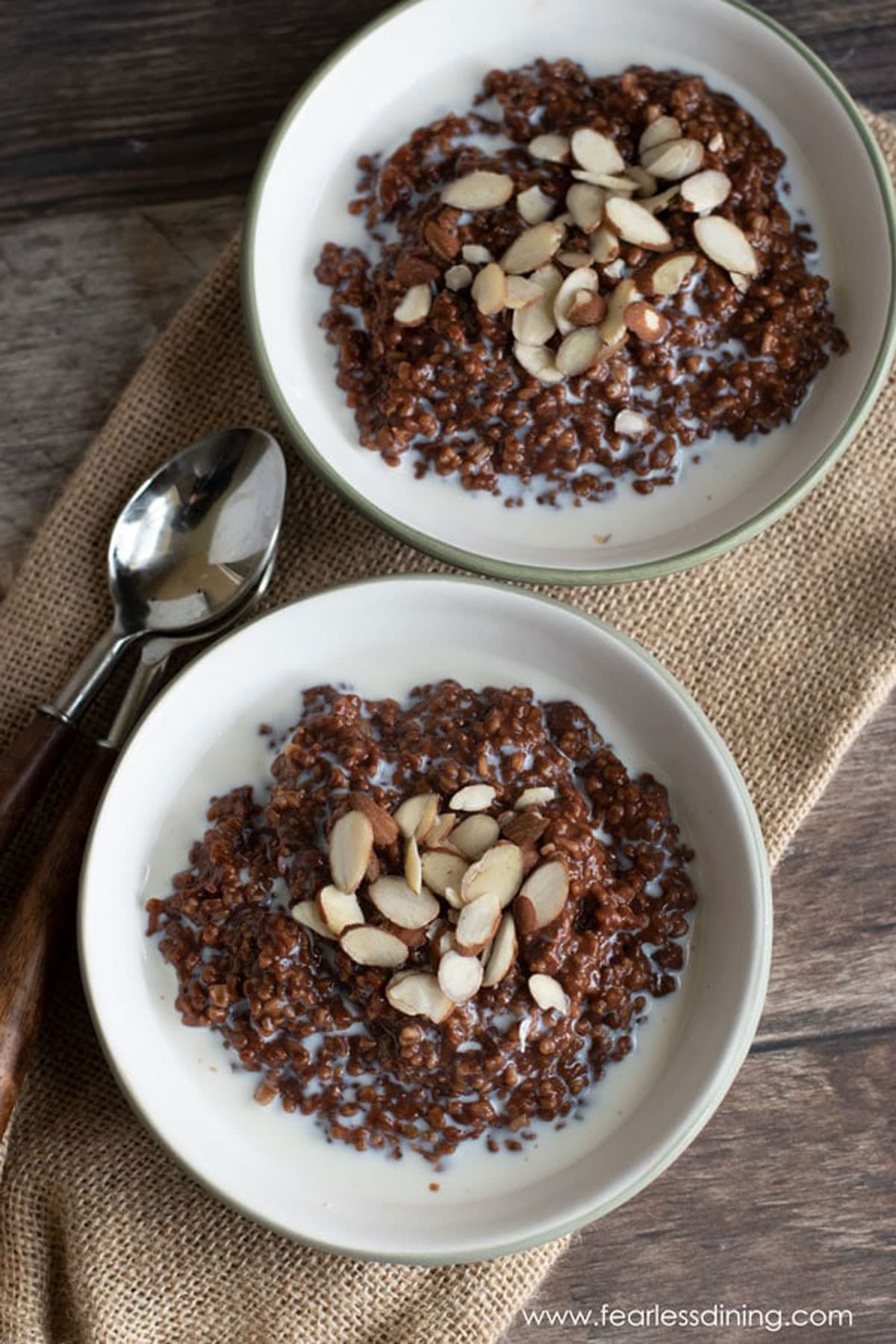 Two bowls filled with chocolate steel cut oats. Both are topped with slivered almonds.