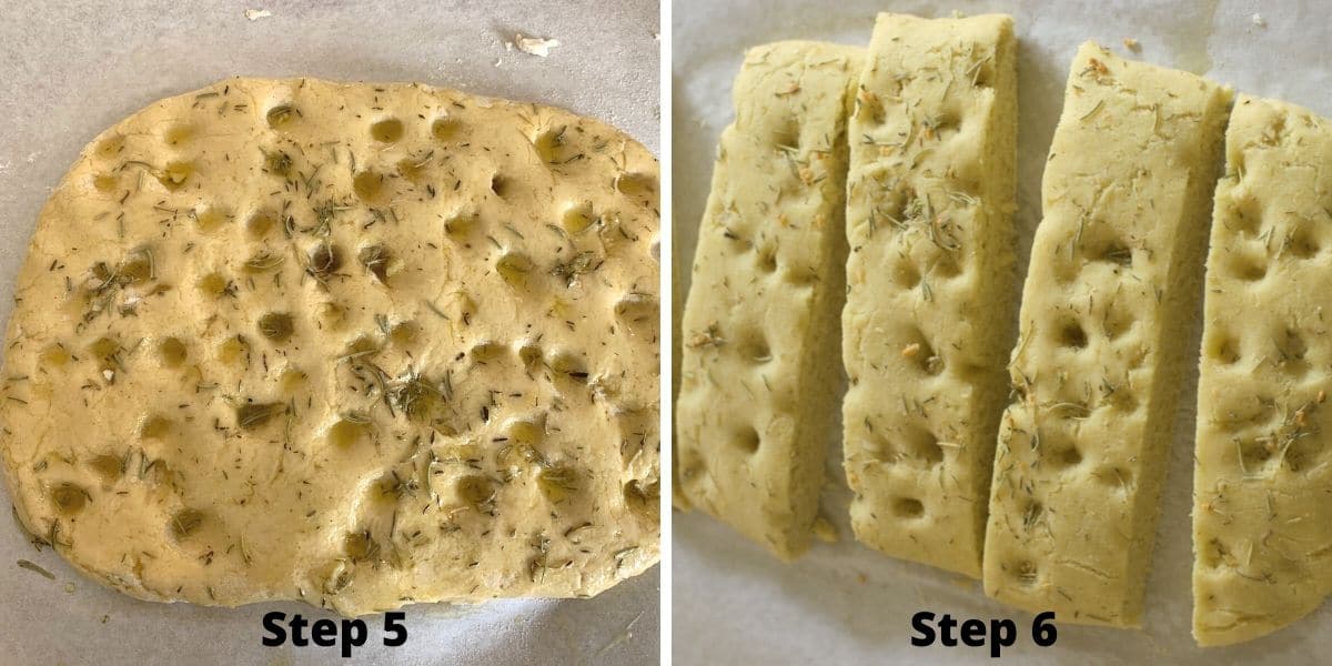 Photos of steps 5 and 6 making focaccia bread.