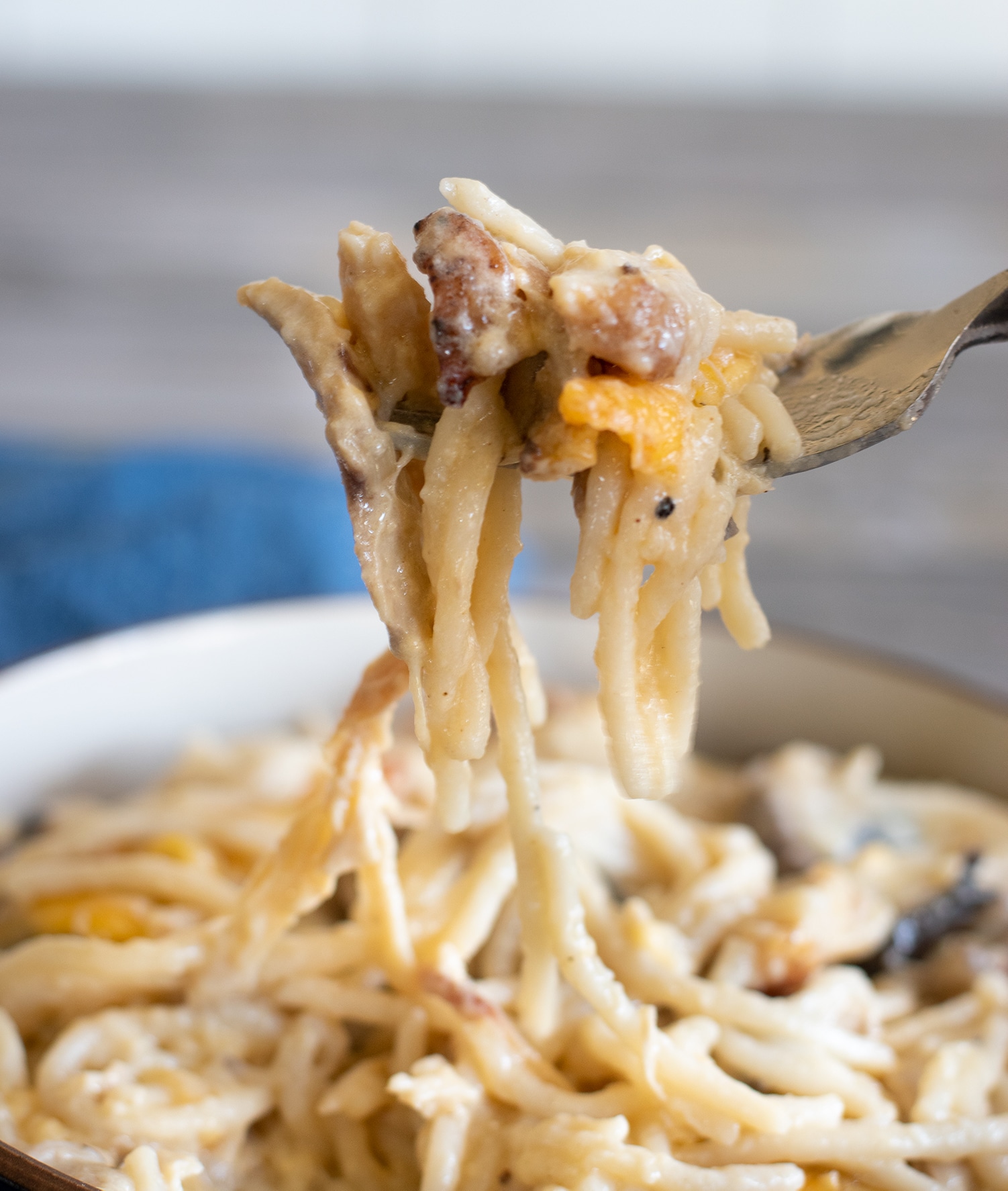 A forkful of gluten free chicken tetrazzini.