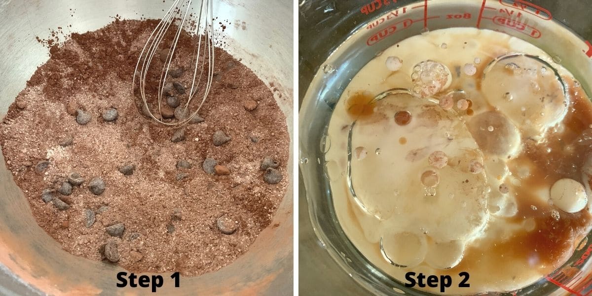 Making the brownies steps 1 and 2, showing mixing the wet and dry ingredients.