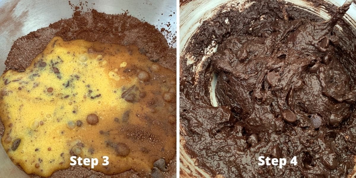 Photos of steps 3 and 4 so you can see the consistency of the brownie batter.