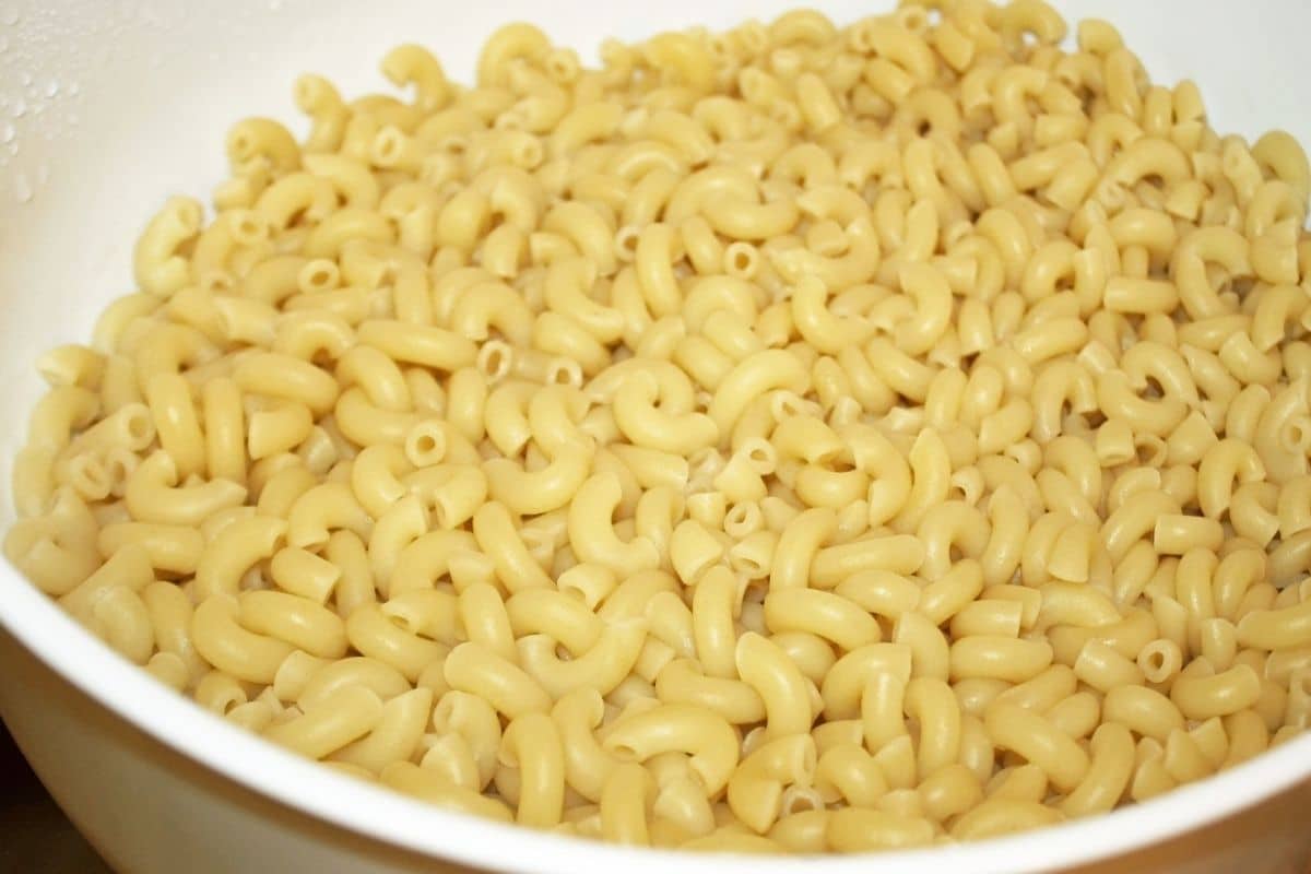 Cooked gluten free macaroni in a colander.