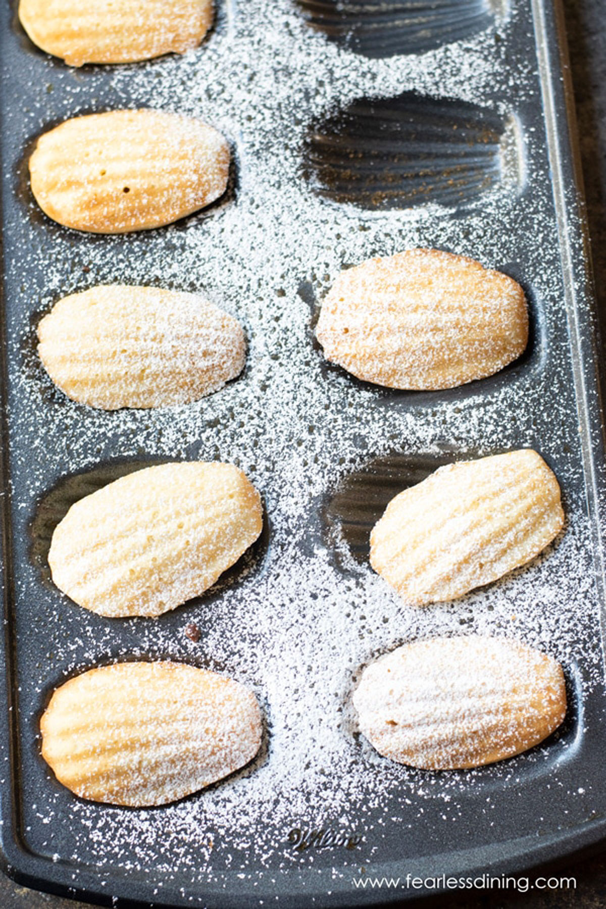 A madeleine pan full of gluten free madeleines dusted with powdered sugar.
