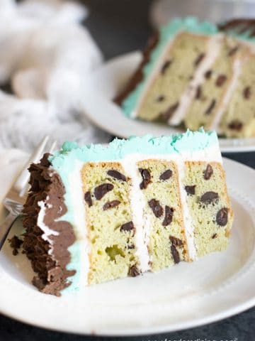 two slices of mint chocolate chip cake on small white plates