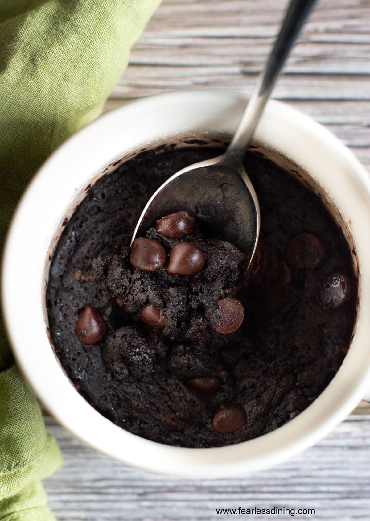 A close up of the cooked gluten free mug brownie.