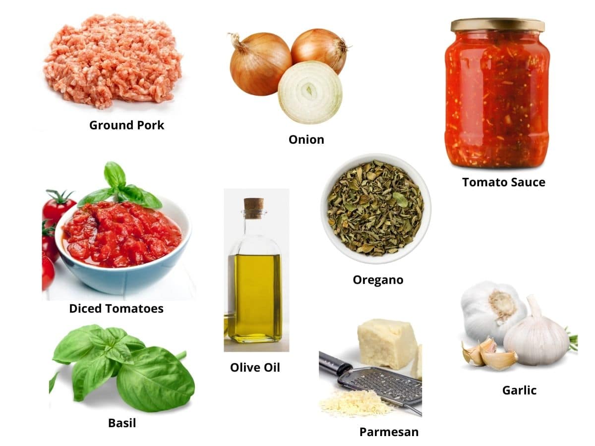 Photos of the ground pork pasta sauce ingredients.