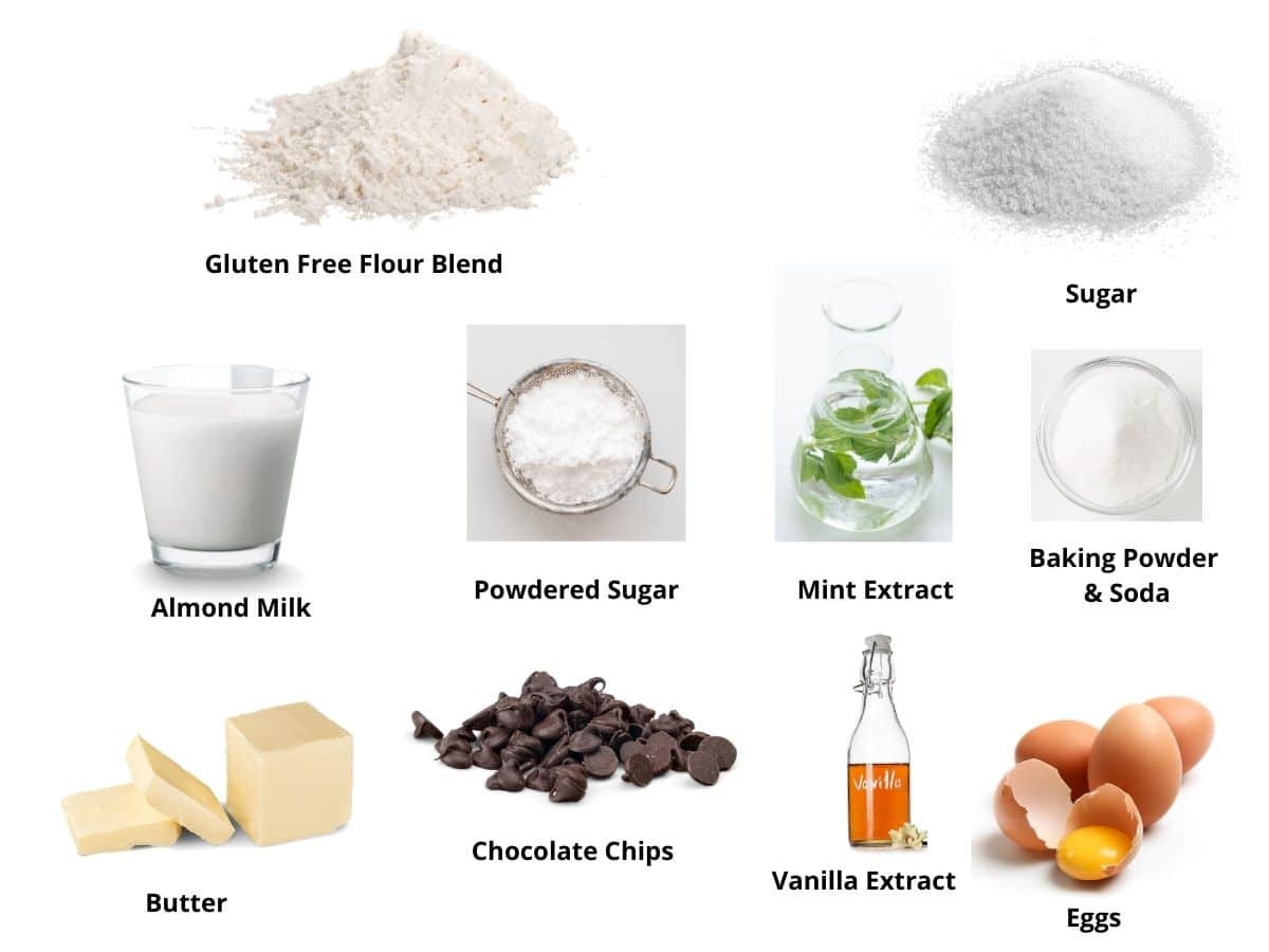 Photos of the mint chocolate chip cake ingredients.