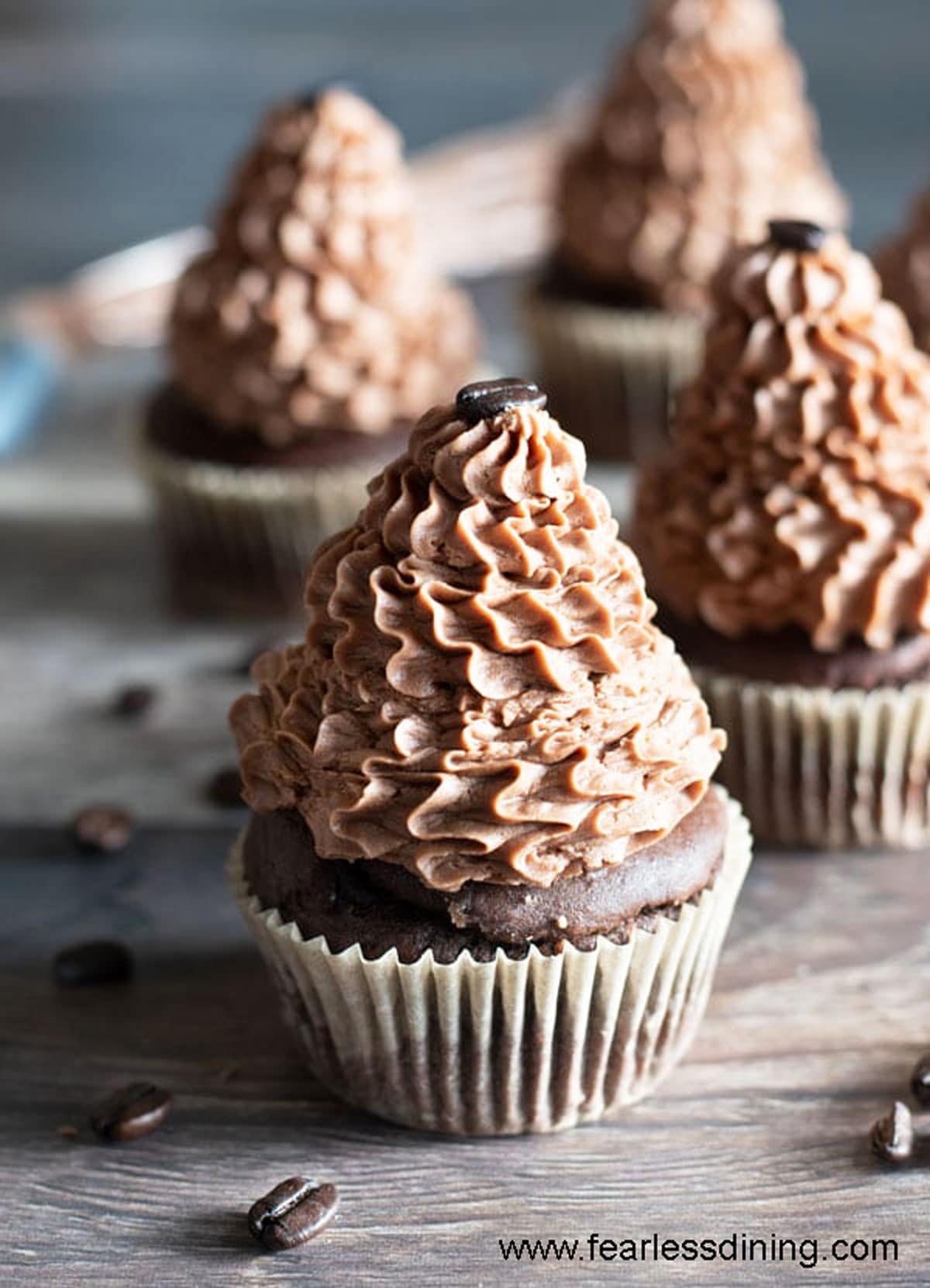 Three rows of frosted mocha cupcakes.