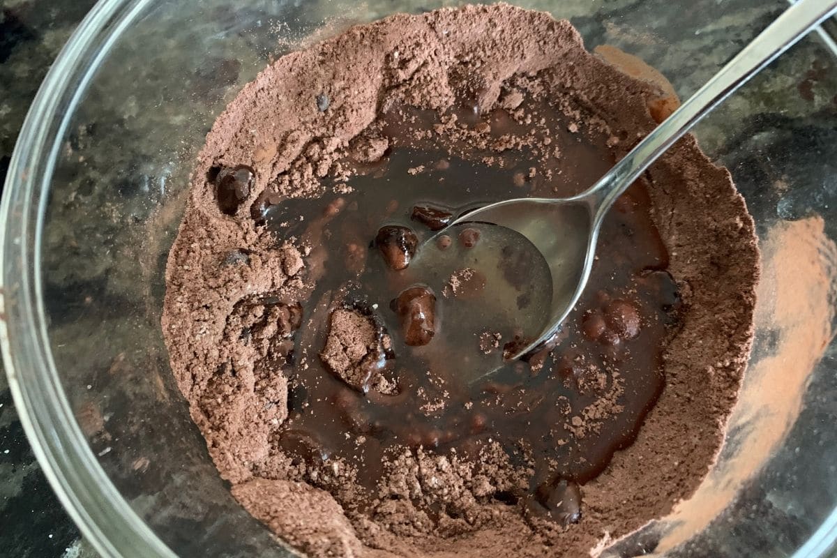 The wet and dry mug brownie ingredients ready to mix.